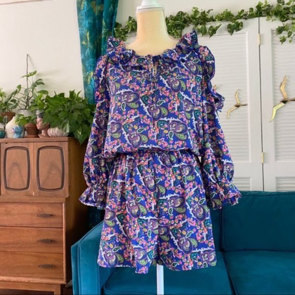 easel | Romper in the Heather Floral Print Cold Shoulder Navy Ruffle New Small - Picture 5 of 14